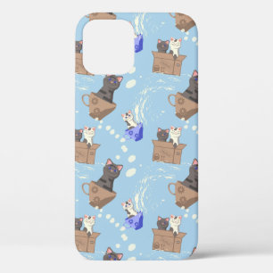Katten in doos en melkdruppels op blauwe ondergron iPhone 12 hoesje