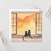 Katten in het raam | Sunset Waterverf Silhouette Kaart (Voorkant / Achterkant in situ)