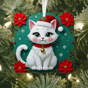 Katten in Kerstmanhoed Poinsettia's Festive Kerstm Metalen Ornament