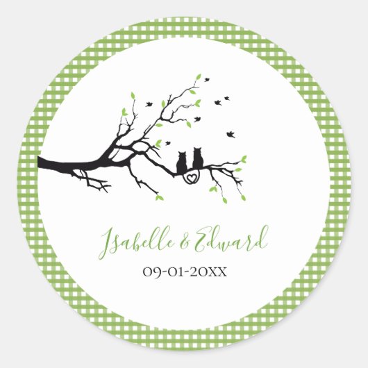 Katten in liefde Groene en Witte Gingham Patroonna Ronde Sticker (Voorkant)