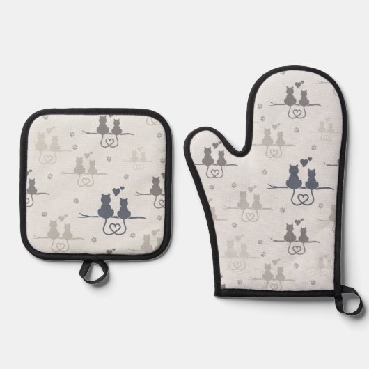 Katten in Love Modern Animal Silhouette Pattern Ovenwant & Pannenlap Set (Voorkant)
