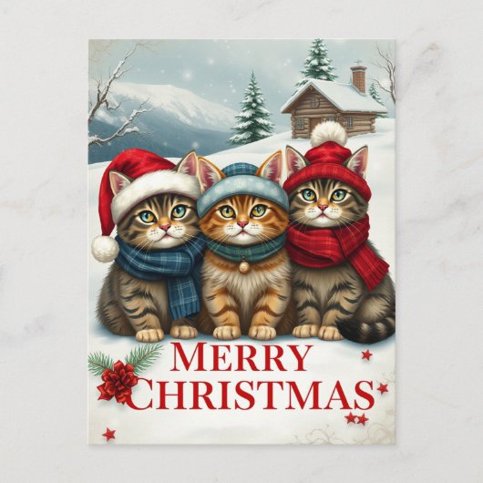 Katten in Preppy Winterkleding en Petten Kerst Feestdagenkaart (Voorkant)