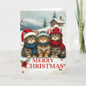Katten in Preppy Winterkleding en Petten Kerst Kaart (Voorkant)