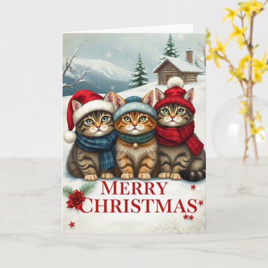 Katten in Preppy Winterkleding en Petten Kerst Kaart (Gele Bloem)