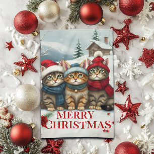 Katten in Preppy Winterkleding en Petten Kerst Theedoek