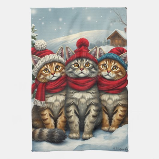 Katten in Preppy winterkleding en Petten Theedoek (Verticaal)