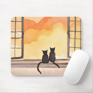 Katten in raam   Zonsondergang Aquarel Silhouet Muismat
