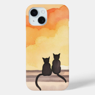 Katten in raam Zonsondergang Waterverf Silhouet