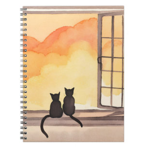 Katten in raam Zonsondergang waterverf Silhouet Notitieboek