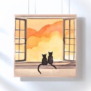 Katten in raam Zonsondergang waterverf Silhouet Poster