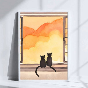 Katten in raam   Zonsondergang Waterverf Silhouet  Poster