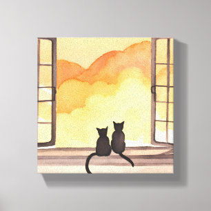 Katten in raam   Zonsondergang waterverf Silhouett Canvas Afdruk