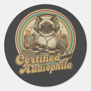 Katten in vintage stijl die naar vinylplaten luist ronde sticker