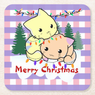 Katten kerst op sneeuw, gepersonaliseerde naam vierkante kartonnen onderzetter