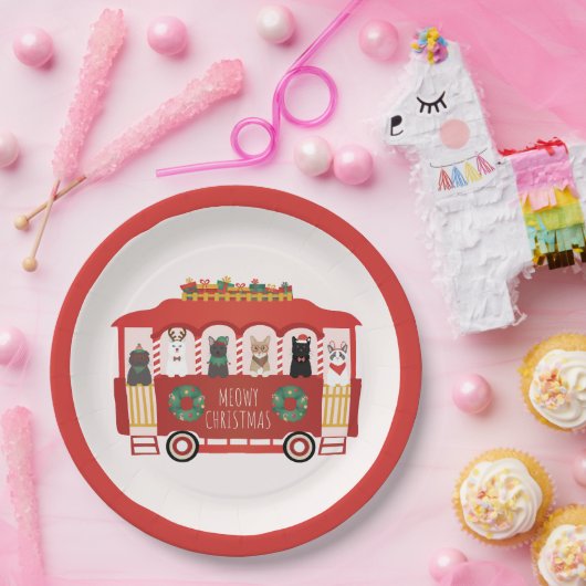 Katten Kerst Trolly Meowy Kerstmis Papieren Bordje (Feest)