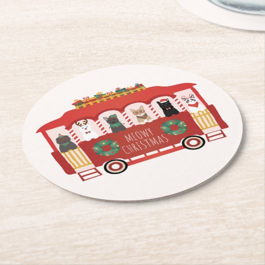 Katten Kerst Trolly Meowy Kerstmis Ronde Kartonnen Onderzetter (Gebogen)