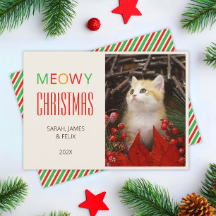 Katten Kersthuisdier Cute Kitten Foto Rood & Groen Feestdagenkaart