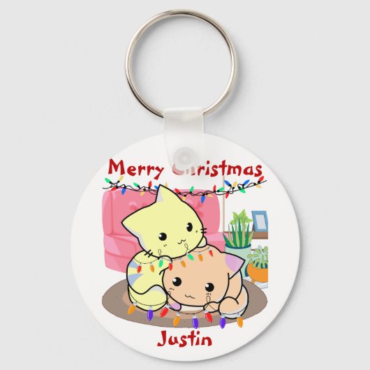 Katten kerstmis op mat, gepersonaliseerde naam sleutelhanger (Voorkant)