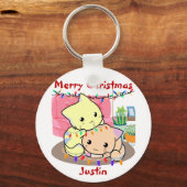 Katten kerstmis op mat, gepersonaliseerde naam sleutelhanger (Voorkant)