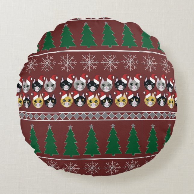 Katten Kerstmis  Rond Kussen (Voorkant)