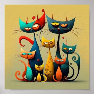 Katten, levendig, kleurrijk, grillig, gestileerd,  poster