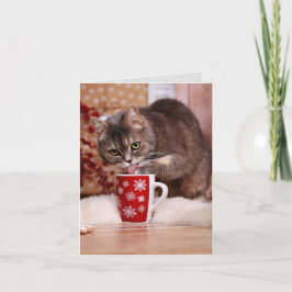 Katten likken poot gedoopt in Kerstmug warme choco Feestdagen Kaart
