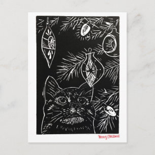 Katten Linocut Kerst Ansichtkaart Feestdagenkaart
