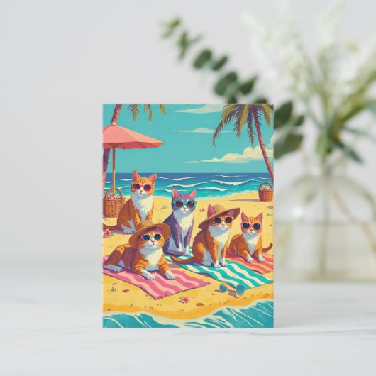 Katten luieren op het strand briefkaart (Staand voorkant)