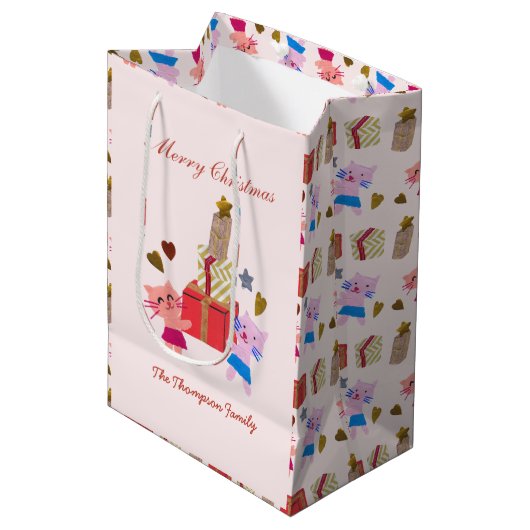 Katten met cadeau baby roze kerst medium cadeauzakje (Voorkant Gekanteld)
