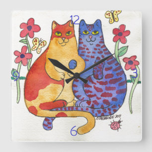 Katten met handen, folk Art Vierkante Klok