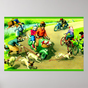 Katten met hoofdwieltjes op motorfietsen en fietse poster