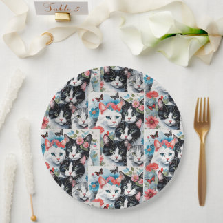 Katten met roze bloemen en vlinders papieren bordje