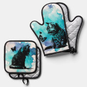 Katten met vlinders ovenwant & pannenlap set (Voorkant / Achterkant)