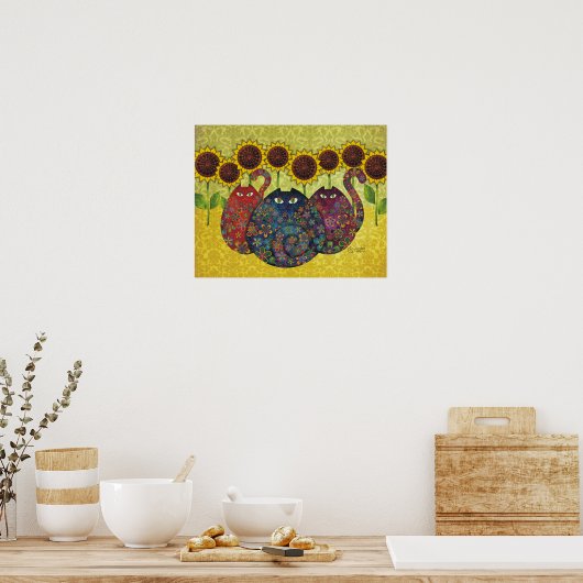 katten met zonnebloemen canvas poster (Keuken)