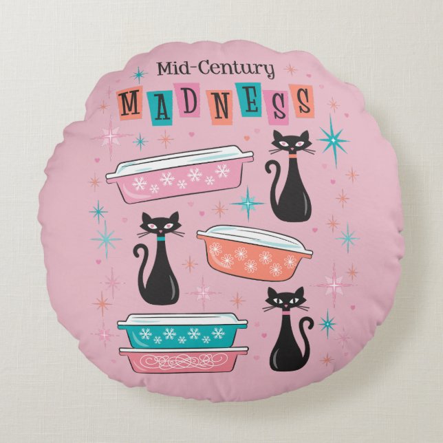 Katten Mid-Century Madness Roze Pyrex Kussen (Voorkant)