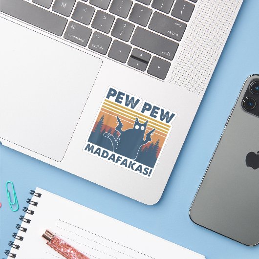 katten Pew Pew Madafakas Funny Crazy Cat Sticker (Laptop met iPhone)