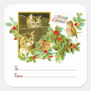 Katten & Robin   Naar van vintage kerstcadeau Vierkante Sticker