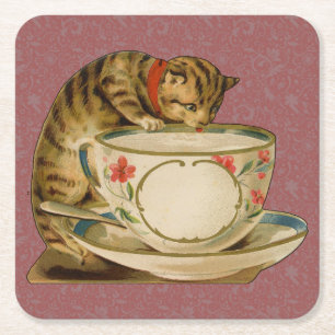 Katten Theekopje Schattig Vintage Victoriaans Huis Vierkante Kartonnen Onderzetter