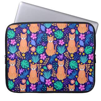 Katten & tropische bloemen: donker patroon laptop sleeve