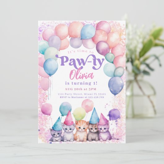Katten Verjaardag Kitten Feestje Poes Meisje Kaart (Staand voorkant)