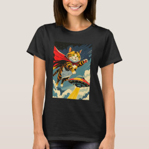 Katten vliegen met UFO Nieuw T-shirt, Schattige ge T-shirt