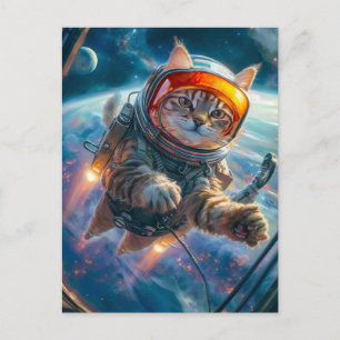 Kattenastronaut zweeft in een scène in de diepe ru feestdagenkaart