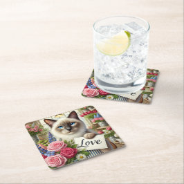 Kattenbloemist met liefdeskaart vierkante kartonnen onderzetter