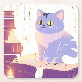 Kattencafé in de bibliotheek vierkante kartonnen onderzetter