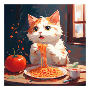 Kattenetende spaghetti foto afdruk