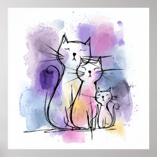 Kattenfamilie Watercolor Giclee Poster Wandschilde