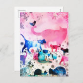 Kattenfeesthuis Glitter Kunst Roze Waterverf Feestdagenkaart (Voorkant / Achterkant)