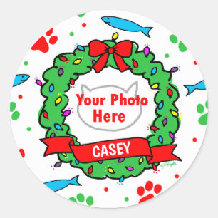 Kattenfoto Kerst krans patroon Ronde Sticker