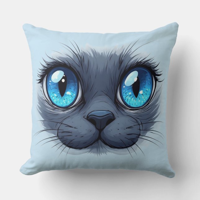 Kattengezicht Close-up Blauwe Ogen Kitty Illustrat Kussen (Voorkant)