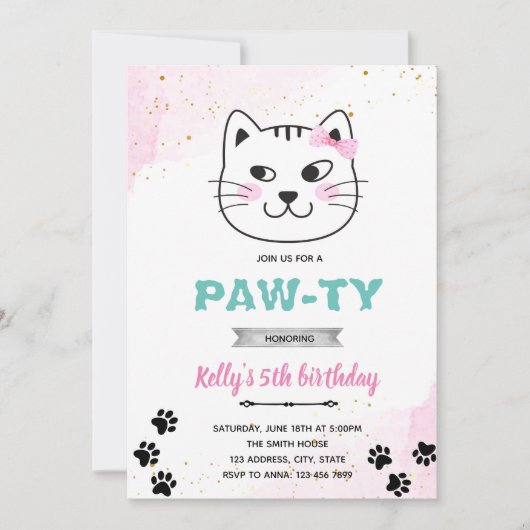 Kattengezicht feest pawty thema uitnodiging (Voorkant)